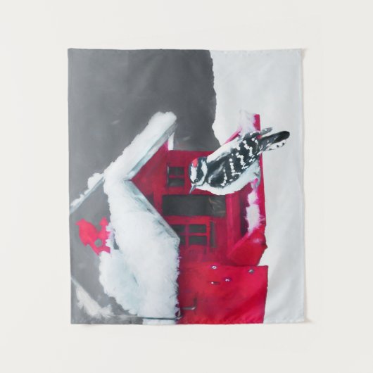 Downy Woodpecker Painting - Original Bird Art Wandteppich (Vorderseite)