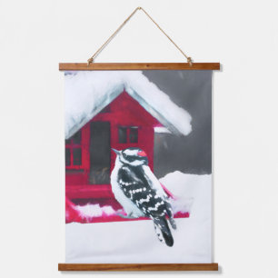 Downy Woodpecker Painting - Original Bird Art Wandteppich Mit Holzrahmen