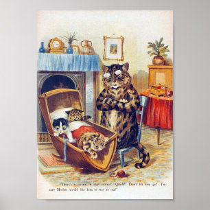 Dozing Cat and Baby Cat, Louis Wain Poster