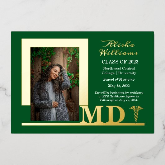 Dr. MD Caduceus Foto Graduate Green Folieneinladung (Vorderseite)