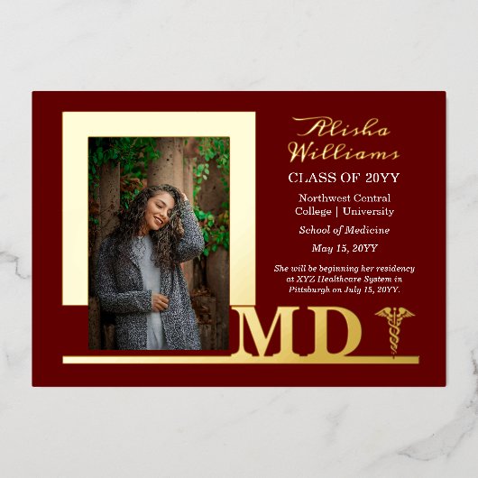 Dr. MD Caduceus Foto Graduate Maroon Folieneinladung (Vorderseite)
