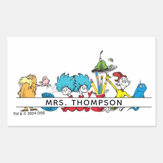 Dr. Seuss Characters & Teacher Name Rechteckiger Aufkleber (Vorderseite)