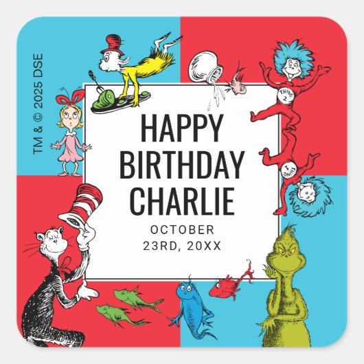 Dr. Seuss - Charaktere | KINDERGEBURTSTAG Quadratischer Aufkleber (Vorderseite)