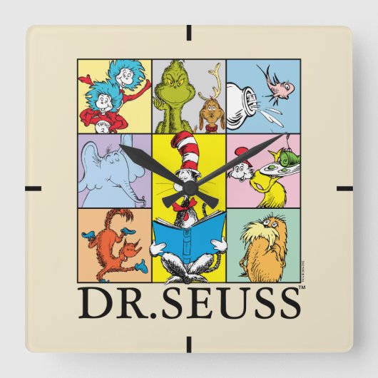 Dr. Seuss | Geschichten Grafik Quadratische Wanduhr (Vorderseite)