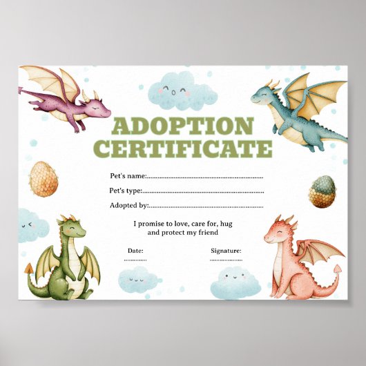 Drache adoptiert ein Haustier-Zertifikat editierba Poster (Vorne)