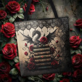 Drache auf Bücherstapel mit Rosen Tasche