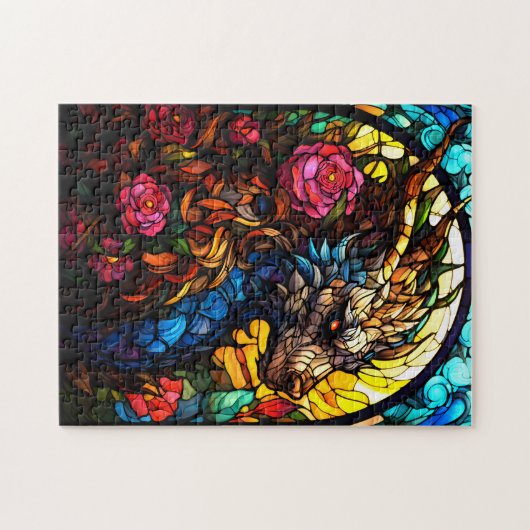 Drache aus festem Glas mit Blume Puzzle (Horizontal)
