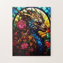 Drache aus festem Glas mit Blume Puzzle