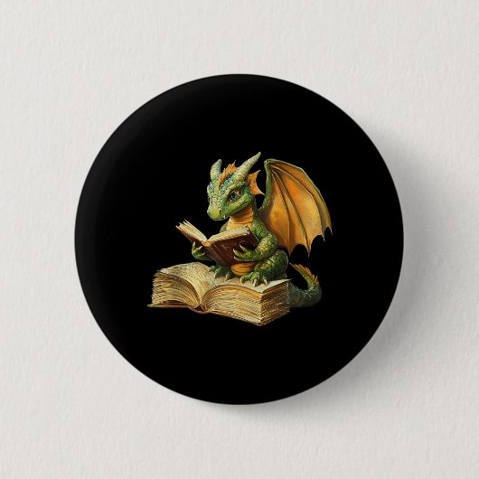Drache Bücherwurm liest Buch lustige Grafik Button (Vorderseite)