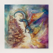 Drache, die über die Wasserfarbe der Stadt fliegen Puzzle (Horizontal)