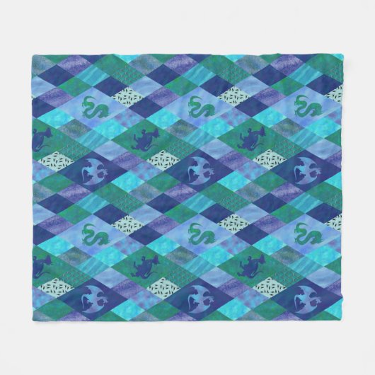 Drache für Wasserfarben-Patchwork in blauem und gr Fleecedecke (Vorderseite (Horizontal))