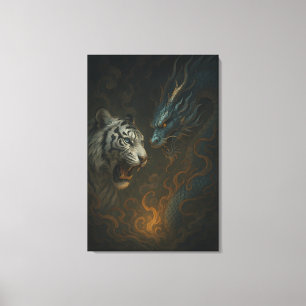 Drache gegen Weißer Tiger – Mystische Fantasy-Wand Leinwanddruck