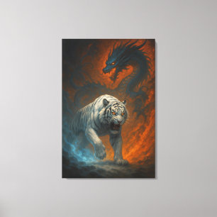 Drache gegen Weißer Tiger – Mystische Fantasy-Wand Leinwanddruck