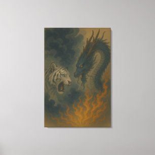 Drache gegen Weißer Tiger – Mystische Fantasy-Wand Leinwanddruck