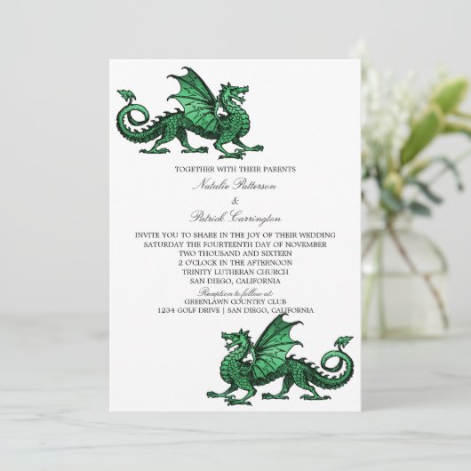 Drache Hochzeit im Grünen Mittelalter Einladung (Stehend Vorderseite)