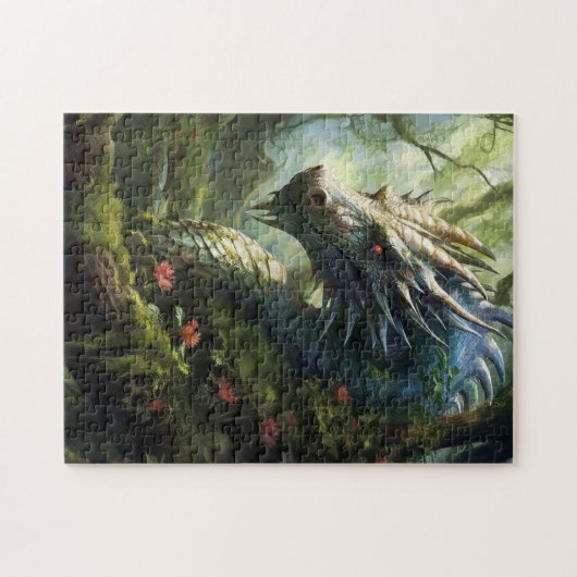 Drache im Wald mit rosa Blume Puzzle (Horizontal)