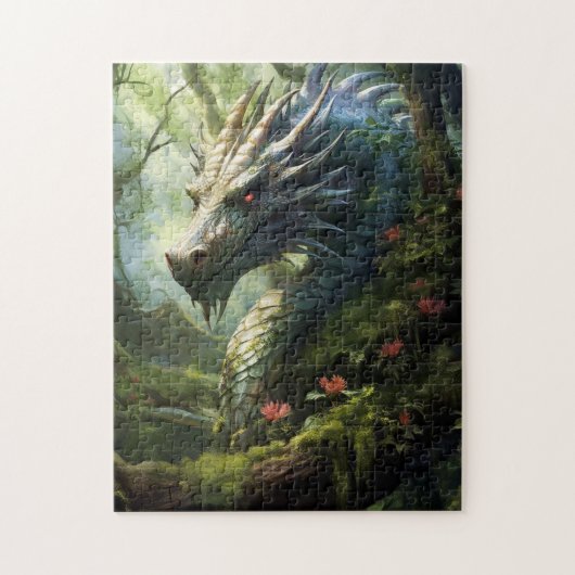 Drache im Wald mit rosa Blume Puzzle (Vertikal)