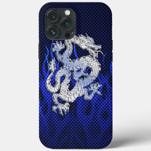 Drache in Chrome wie blaue Karbon-Faser-Stile iPhone 13 Pro Max Hülle