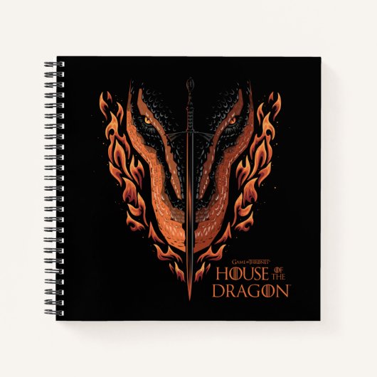 Drache in Flammen hinter dem Schwert Notizblock (Vorderseite)