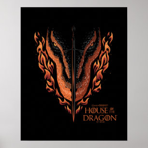 Drache in Flammen hinter dem Schwert Poster