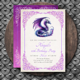 Drache Lila Rosa Fantasy Mädchen-Geburtstag Einladung
