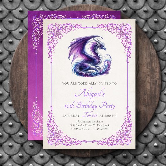 Drache Lila Rosa Fantasy Mädchen-Geburtstag Einladung