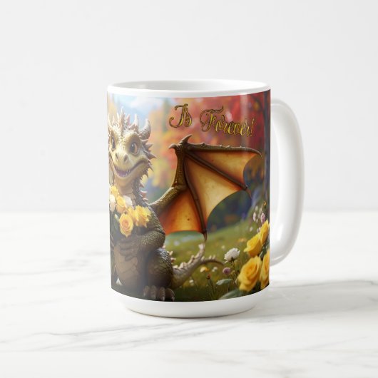 Drache mit gelben Rosen. 15-Unzen-Tasse Kaffeetasse (VorderseiteRechts)