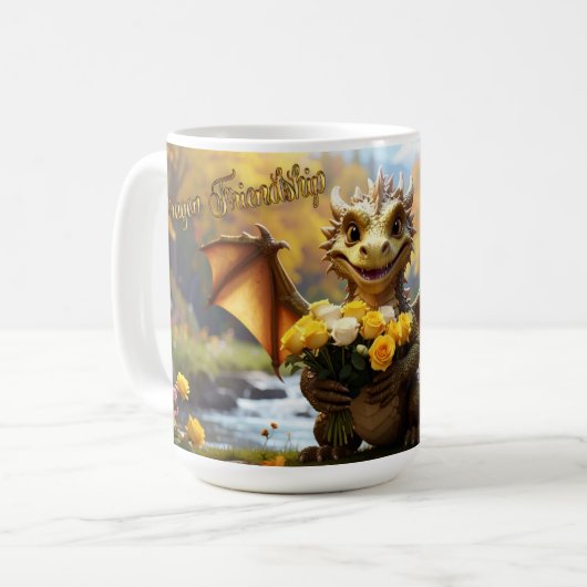 Drache mit gelben Rosen. 15-Unzen-Tasse Kaffeetasse (Vorderseite Links)