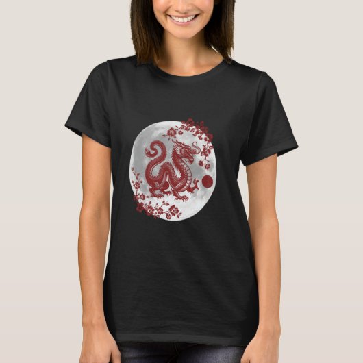 Drache mit Sakura und Vollmond T-Shirt (Vorderseite)