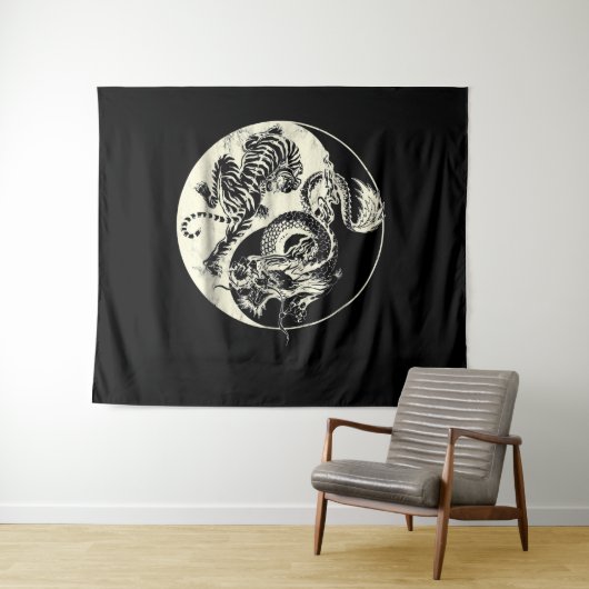 Drache mit Tiger Tattoo YIN und Yang Beast-Kampf Wandteppich (Beispiel (Horizontal))