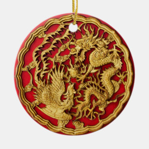 Drache Phönix Rot Gold Chinesische Hochzeitsgunstb Keramik Ornament