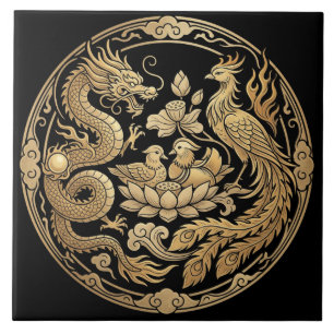 Drache, Phönix und Enten in Gold auf Schwarz Fliese