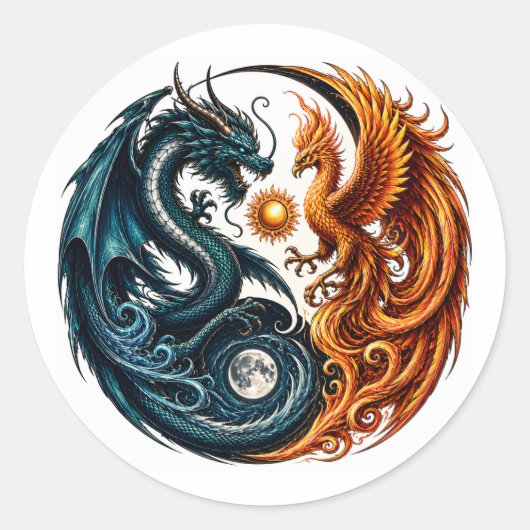 Drache & Phönix Yin Yang Runder Aufkleber (Vorderseite)