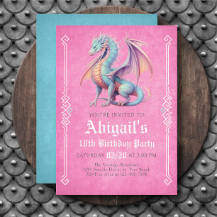 Drache Pink Aqua Mädchen Geburtstagseinladung Einladung