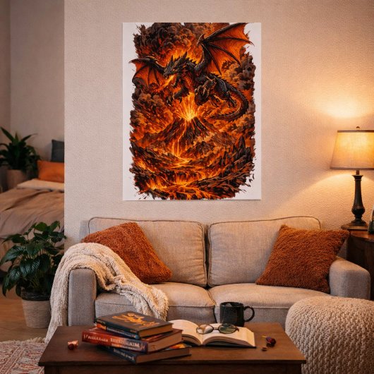 Drache über dem vulkanischen Reich Poster