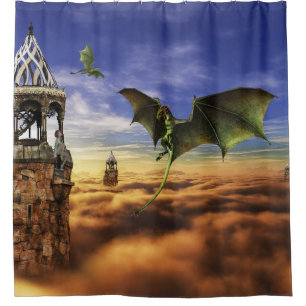 Drache und Elf Feen Himmel Fantasie Landschaft Duschvorhang