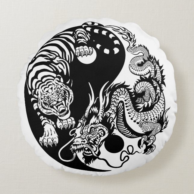 Drache und Tiger yin Yang-Symbol Rundes Kissen (Vorderseite)