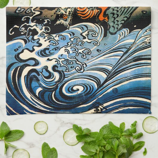 Drache und Wellen I Geschirrtuch (Gefaltet)