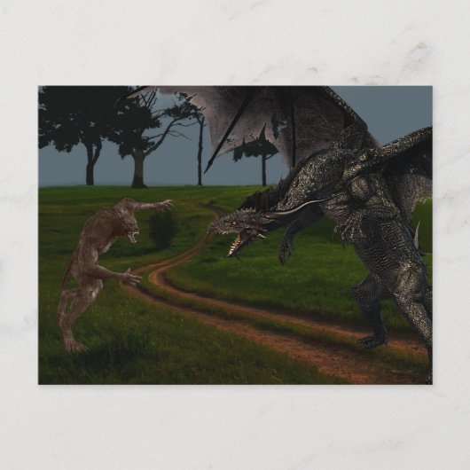 Drache Vs. Werwolf Fantasy Postkarte (Vorderseite)
