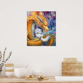 Drache & weiße Katze im Wald Wasserfarbe Fine Art Poster