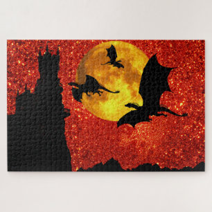 Drachen fliegen, Felsschloss, Vollmond, Sonnenaufg Puzzle