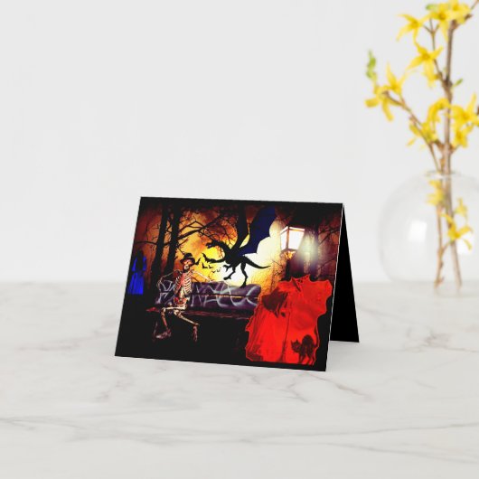 Drachen-Hexen-Pfeffer und Ghoulus Halloween Karte (Gelbe Blume)