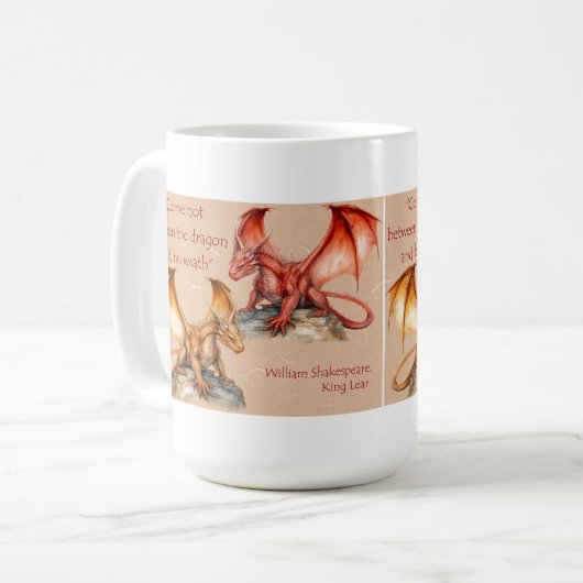 Drachen mit King Lear Zitat rot, gold, weiß Tasse (Vorderseite Links)