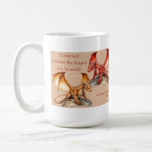 Drachen mit King Lear Zitat rot, gold, weiß Tasse (Links)