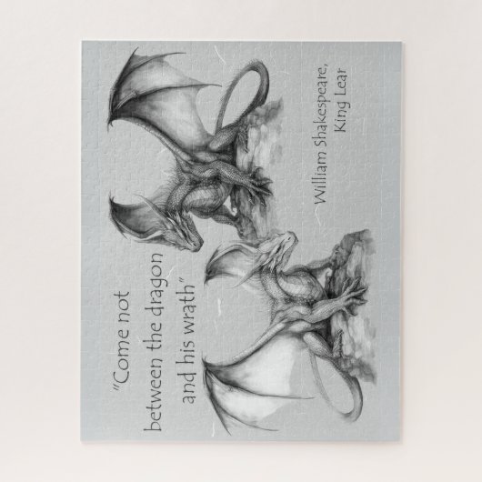 Drachen mit King Lear Zitat schwarz, grau, weiß Puzzle (Vertikal)