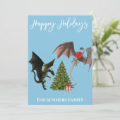 Drachen mit Weihnachtsbaum Feiertagskarte (Stehend Vorderseite)