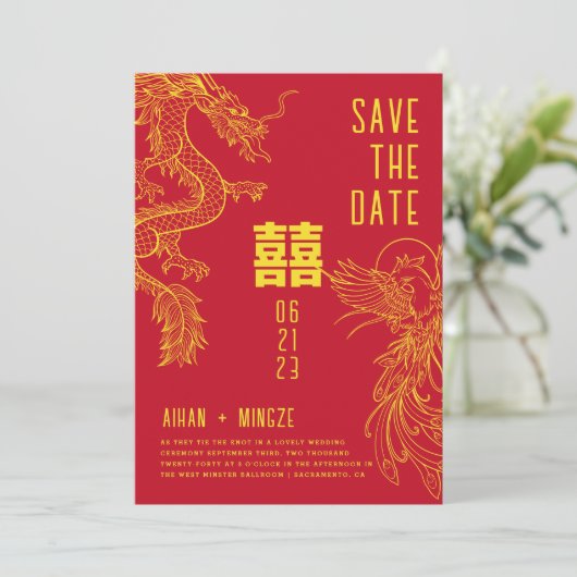 Drachen und Phoenix Save the Date Einladung (Stehend Vorderseite)