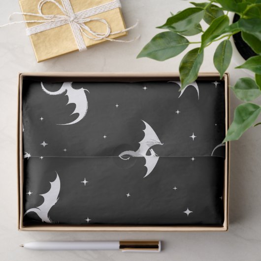 Drachen und Sterne auf schwarzem Hintergrund Seidenpapier (Geschenk)