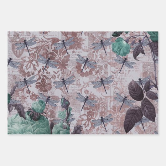 Drachenfliege und Lila Blumensprint Geschenkpapier Set (Vorderseite 3)