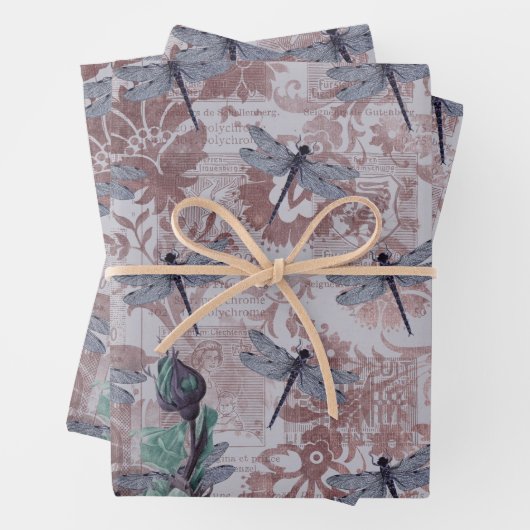 Drachenfliege und Lila Blumensprint Geschenkpapier Set (Beispiel)